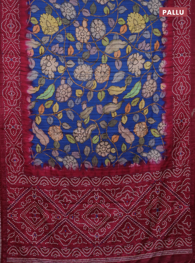 Matka tussar saree blue and magenta pink with allover kalamkari prints and bandhani printed & embroidery work border