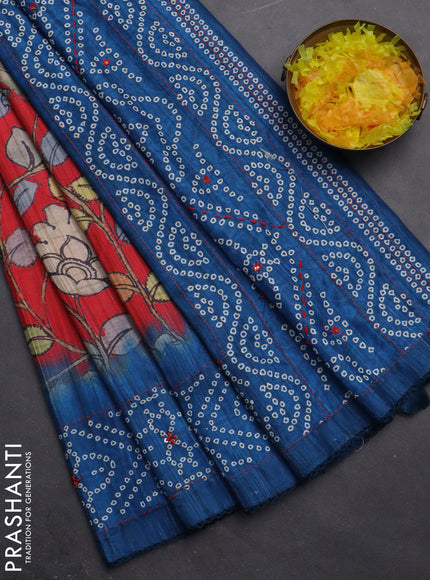 Matka tussar saree red and blue with allover kalamkari prints and bandhani printed & embroidery work border