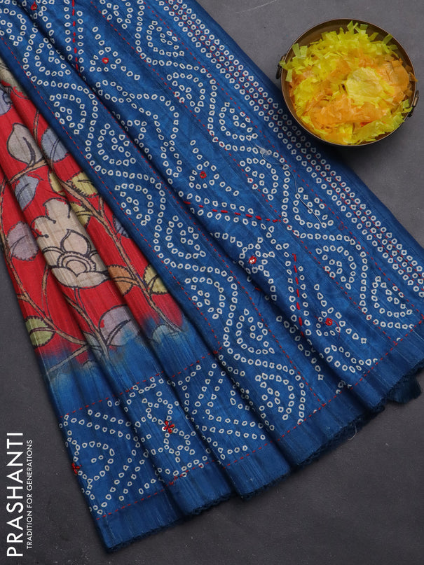 Matka tussar saree red and blue with allover kalamkari prints and bandhani printed & embroidery work border