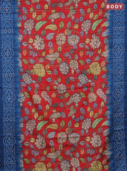 Matka tussar saree red and blue with allover kalamkari prints and bandhani printed & embroidery work border