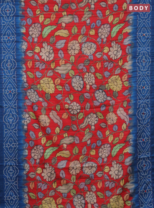 Matka tussar saree red and blue with allover kalamkari prints and bandhani printed & embroidery work border