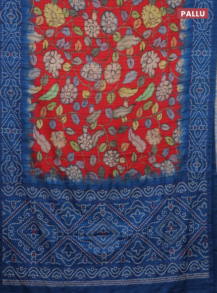 Matka tussar saree red and blue with allover kalamkari prints and bandhani printed & embroidery work border