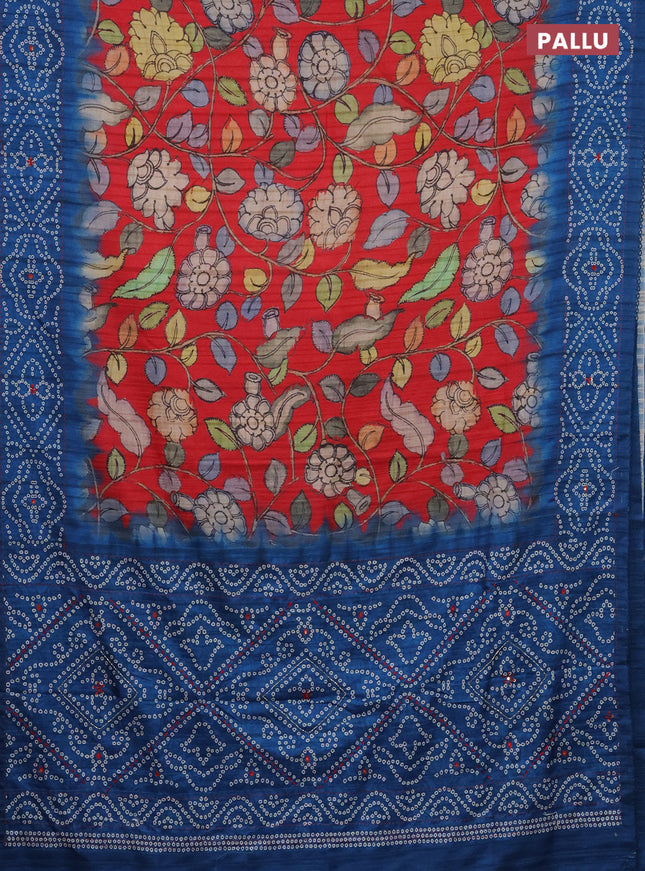 Matka tussar saree red and blue with allover kalamkari prints and bandhani printed & embroidery work border