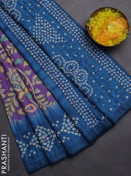 Matka tussar saree lavender and peacock blue with allover kalamkari prints and bandhani printed & embroidery work border