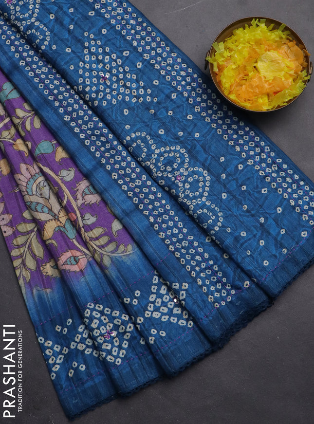Matka tussar saree lavender and peacock blue with allover kalamkari prints and bandhani printed & embroidery work border