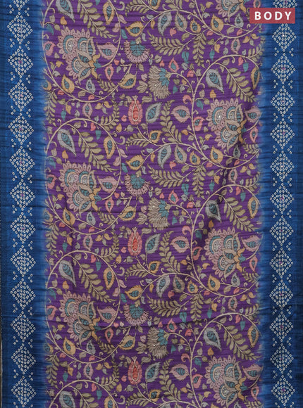 Matka tussar saree lavender and peacock blue with allover kalamkari prints and bandhani printed & embroidery work border