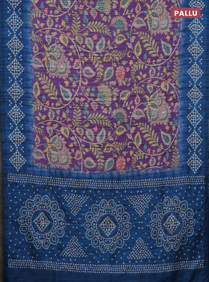 Matka tussar saree lavender and peacock blue with allover kalamkari prints and bandhani printed & embroidery work border