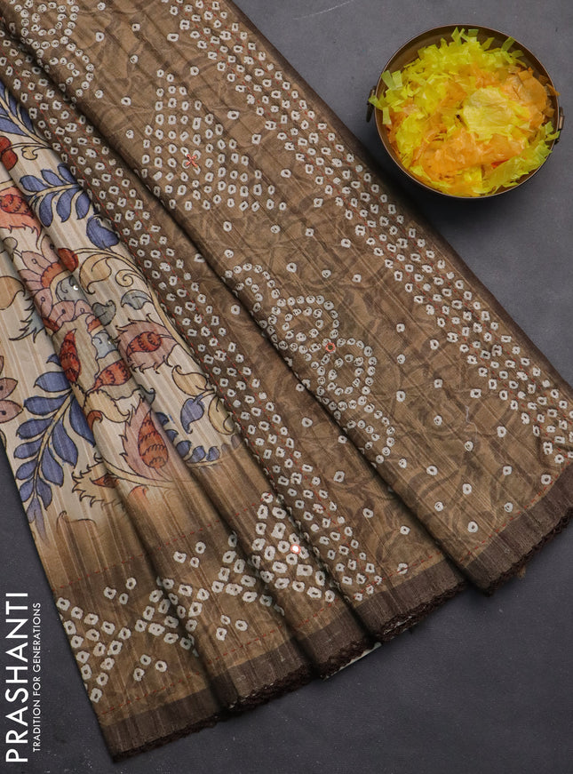 Matka tussar saree sandal and dark mehendi green with allover kalamkari prints and bandhani printed & embroidery work border