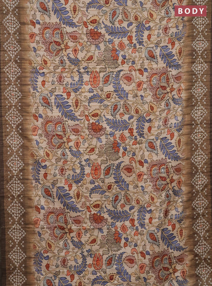 Matka tussar saree sandal and dark mehendi green with allover kalamkari prints and bandhani printed & embroidery work border