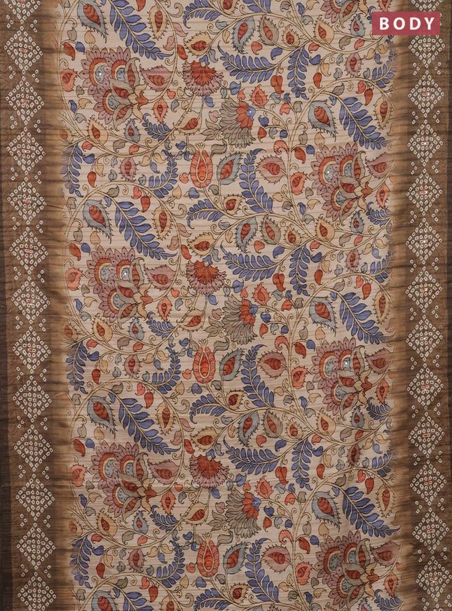 Matka tussar saree sandal and dark mehendi green with allover kalamkari prints and bandhani printed & embroidery work border