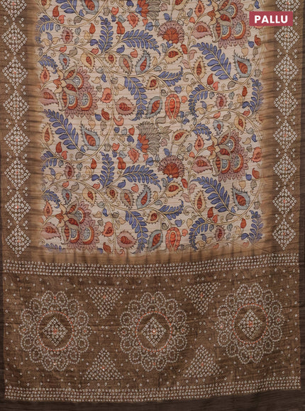 Matka tussar saree sandal and dark mehendi green with allover kalamkari prints and bandhani printed & embroidery work border