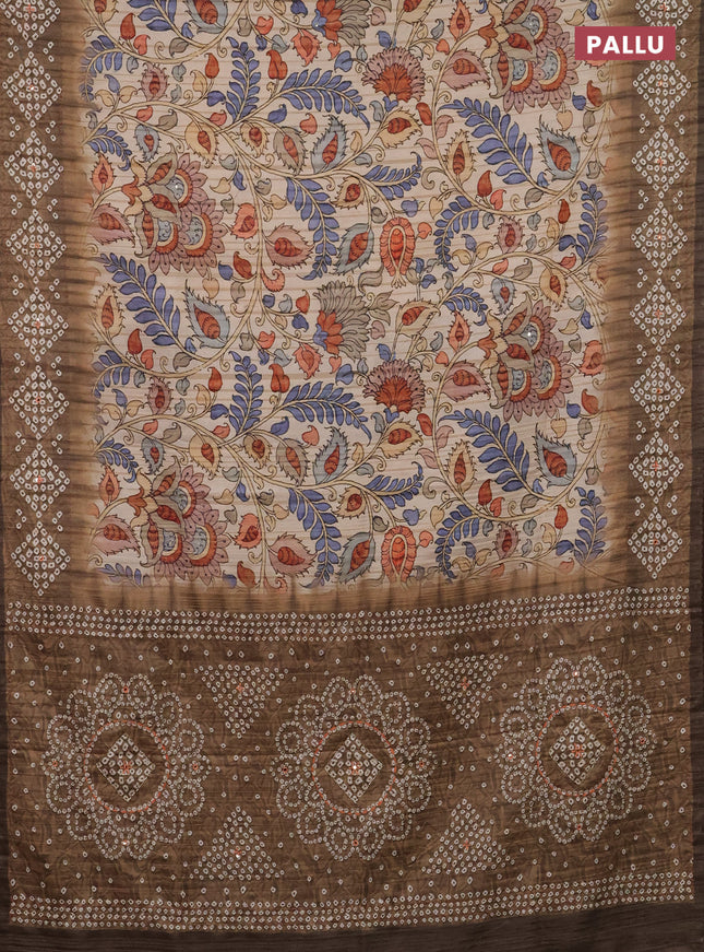 Matka tussar saree sandal and dark mehendi green with allover kalamkari prints and bandhani printed & embroidery work border