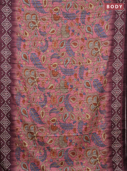 Matka tussar saree peach pink and deep jamun shade with allover kalamkari prints and bandhani printed & embroidery work border