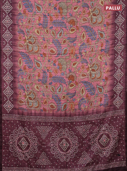 Matka tussar saree peach pink and deep jamun shade with allover kalamkari prints and bandhani printed & embroidery work border