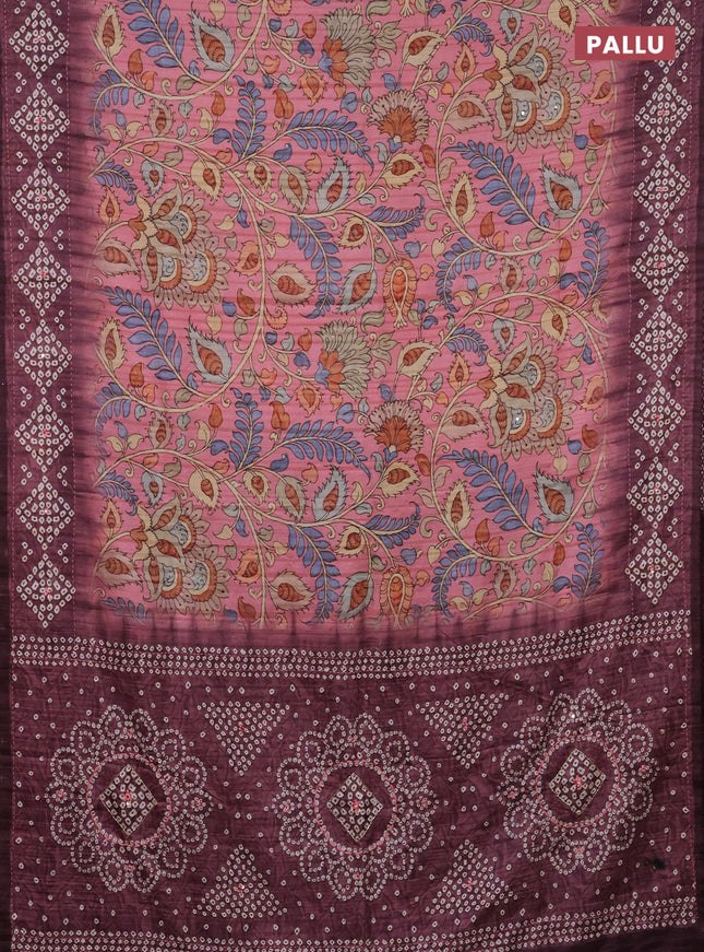 Matka tussar saree peach pink and deep jamun shade with allover kalamkari prints and bandhani printed & embroidery work border