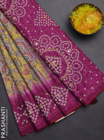 Matka tussar saree yellow and magenta pink with allover kalamkari prints and bandhani printed & embroidery work border