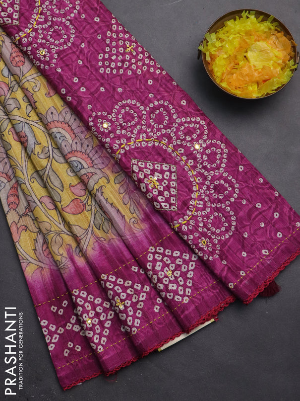 Matka tussar saree yellow and magenta pink with allover kalamkari prints and bandhani printed & embroidery work border