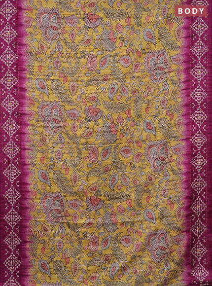 Matka tussar saree yellow and magenta pink with allover kalamkari prints and bandhani printed & embroidery work border