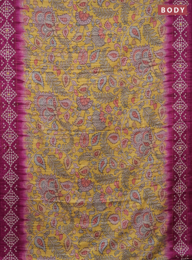 Matka tussar saree yellow and magenta pink with allover kalamkari prints and bandhani printed & embroidery work border