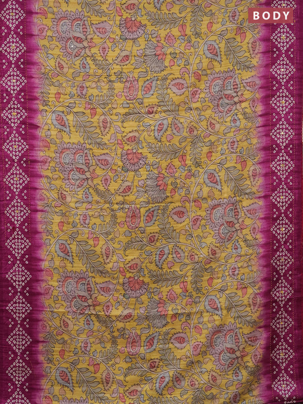 Matka tussar saree yellow and magenta pink with allover kalamkari prints and bandhani printed & embroidery work border