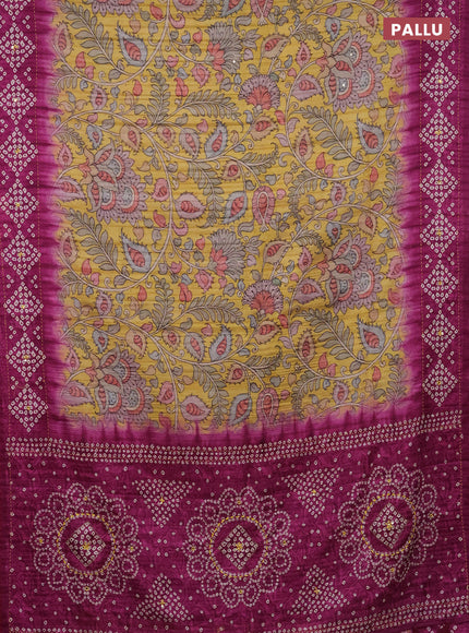 Matka tussar saree yellow and magenta pink with allover kalamkari prints and bandhani printed & embroidery work border
