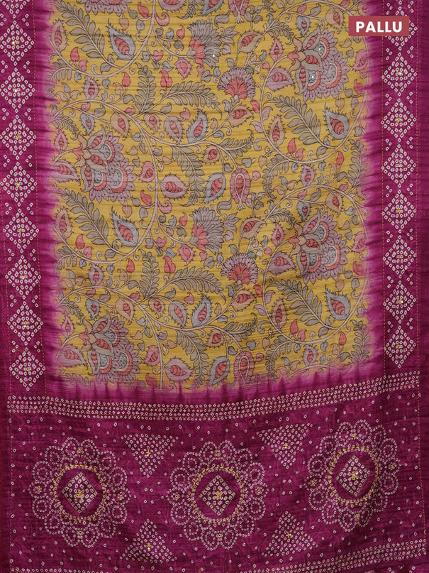 Matka tussar saree yellow and magenta pink with allover kalamkari prints and bandhani printed & embroidery work border