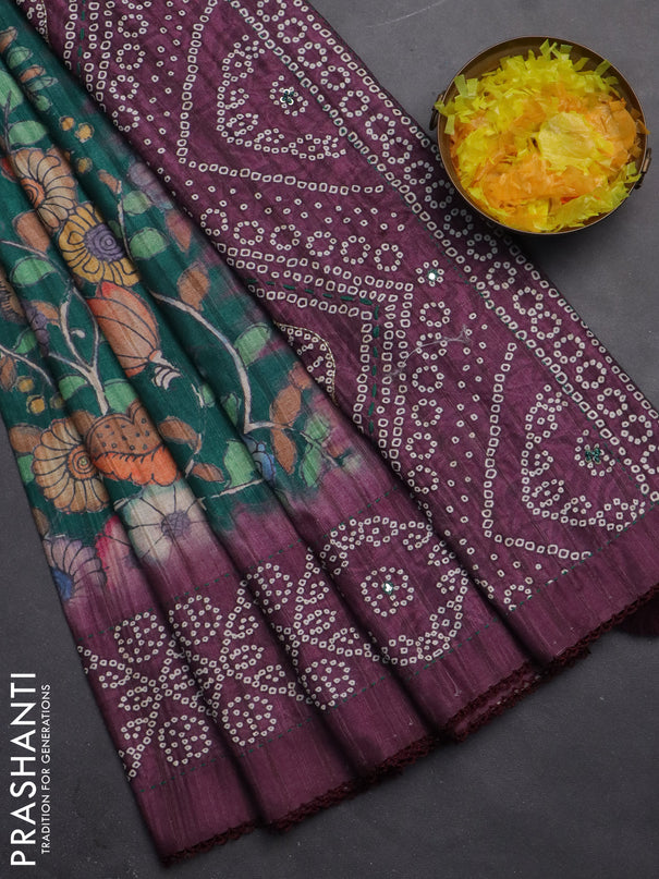 Matka tussar saree green and wine shade with allover kalamkari prints and bandhani printed & embroidery work border