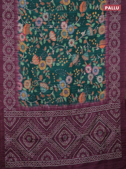 Matka tussar saree green and wine shade with allover kalamkari prints and bandhani printed & embroidery work border