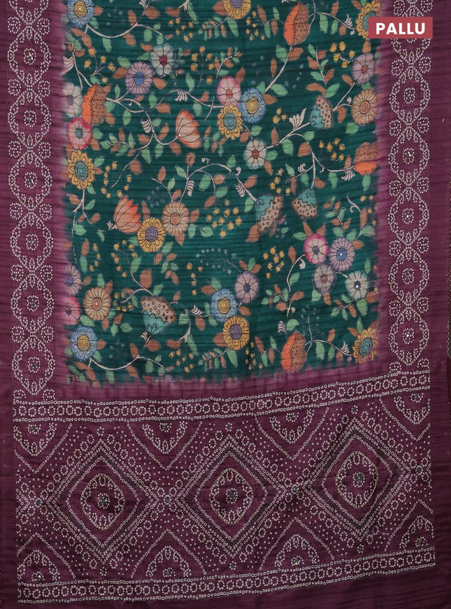 Matka tussar saree green and wine shade with allover kalamkari prints and bandhani printed & embroidery work border