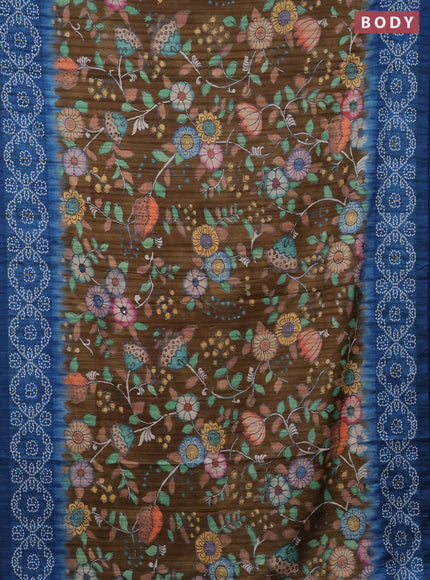 Matka tussar saree dark mehendi green and blue with allover kalamkari prints and bandhani printed & embroidery work border 1damage