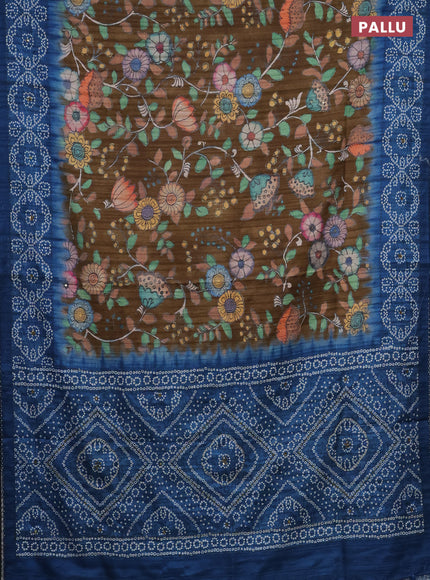 Matka tussar saree dark mehendi green and blue with allover kalamkari prints and bandhani printed & embroidery work border 1damage