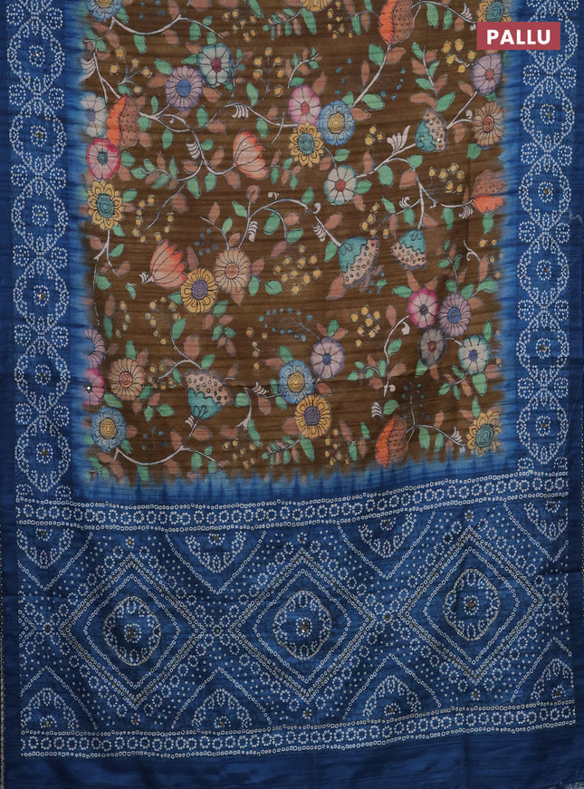 Matka tussar saree dark mehendi green and blue with allover kalamkari prints and bandhani printed & embroidery work border 1damage