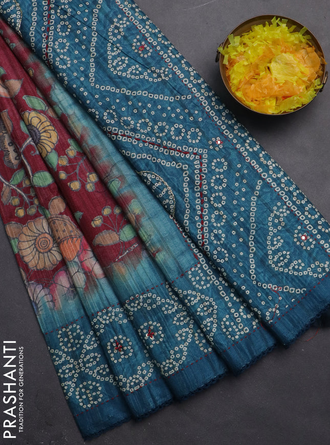 Matka tussar saree maroon and peacock blue with allover kalamkari prints and bandhani printed & embroidery work border