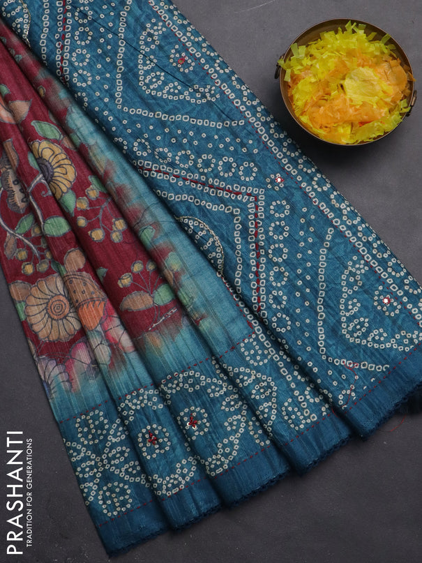 Matka tussar saree maroon and peacock blue with allover kalamkari prints and bandhani printed & embroidery work border