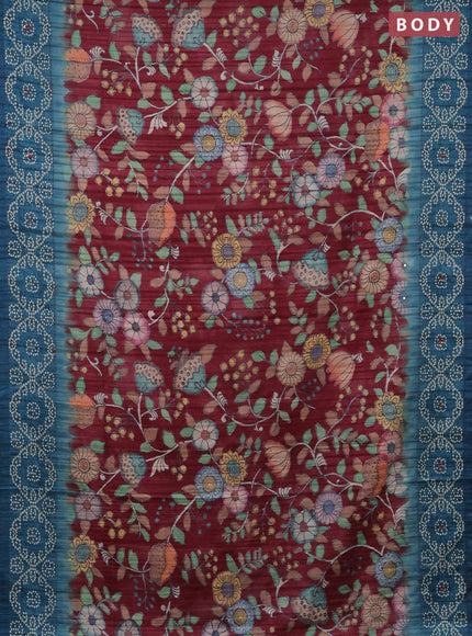 Matka tussar saree maroon and peacock blue with allover kalamkari prints and bandhani printed & embroidery work border