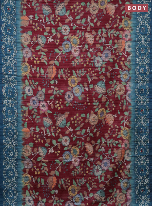 Matka tussar saree maroon and peacock blue with allover kalamkari prints and bandhani printed & embroidery work border