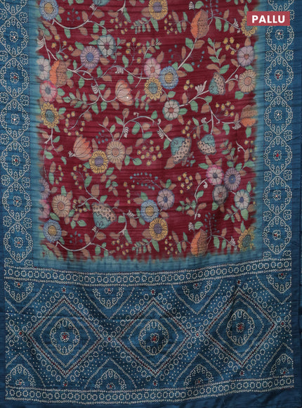 Matka tussar saree maroon and peacock blue with allover kalamkari prints and bandhani printed & embroidery work border