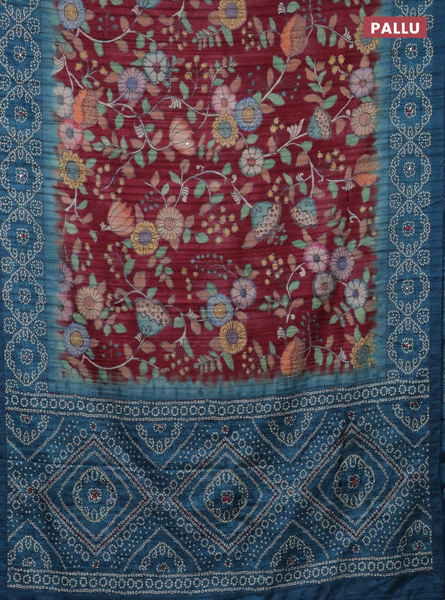 Matka tussar saree maroon and peacock blue with allover kalamkari prints and bandhani printed & embroidery work border