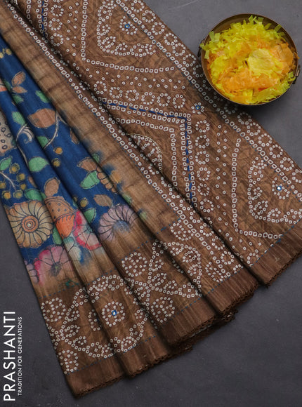 Matka tussar saree blue and brown with allover kalamkari prints and bandhani printed & embroidery work border