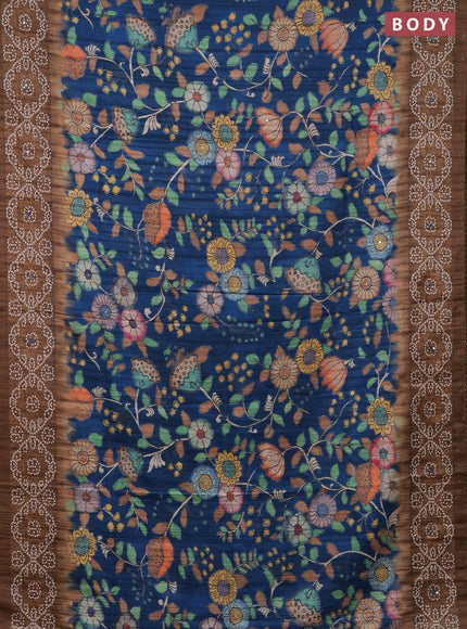 Matka tussar saree blue and brown with allover kalamkari prints and bandhani printed & embroidery work border