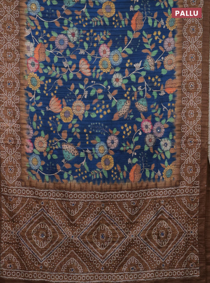 Matka tussar saree blue and brown with allover kalamkari prints and bandhani printed & embroidery work border