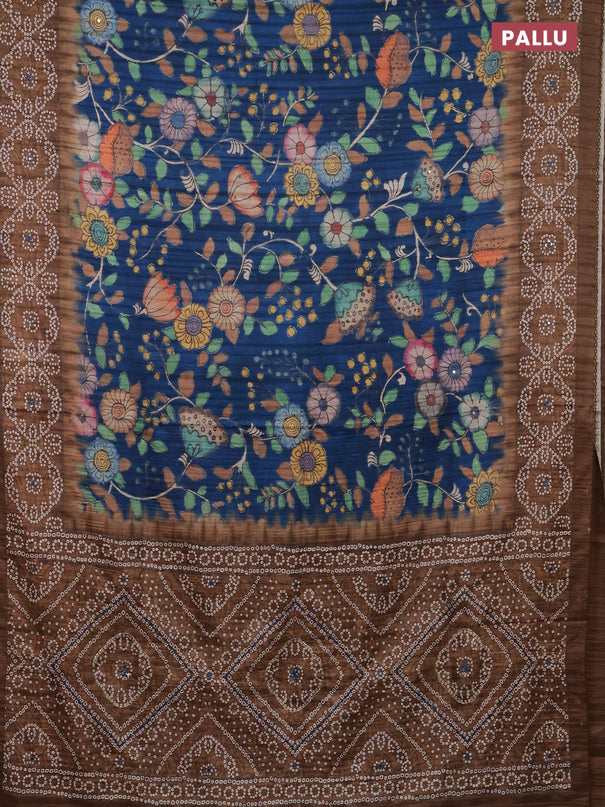 Matka tussar saree blue and brown with allover kalamkari prints and bandhani printed & embroidery work border