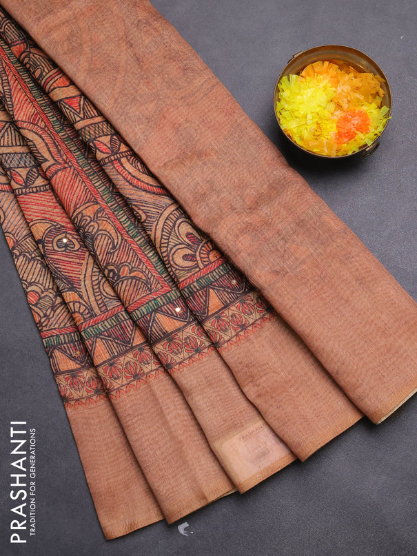 Semi linen saree pale orange with allover madhubani prints & mirror work