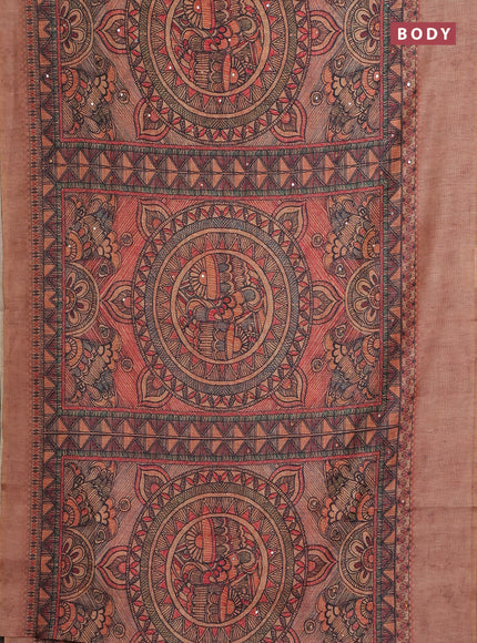 Semi linen saree pale orange with allover madhubani prints & mirror work