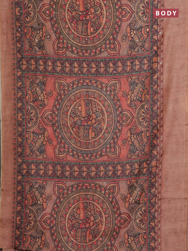 Semi linen saree pale orange with allover madhubani prints & mirror work