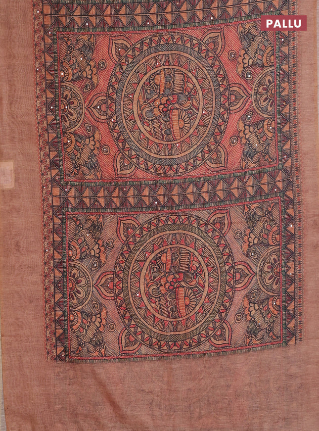 Semi linen saree pale orange with allover madhubani prints & mirror work