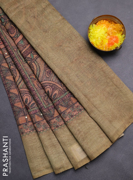 Semi linen saree green shade with allover madhubani prints & mirror work