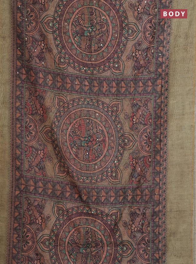 Semi linen saree green shade with allover madhubani prints & mirror work