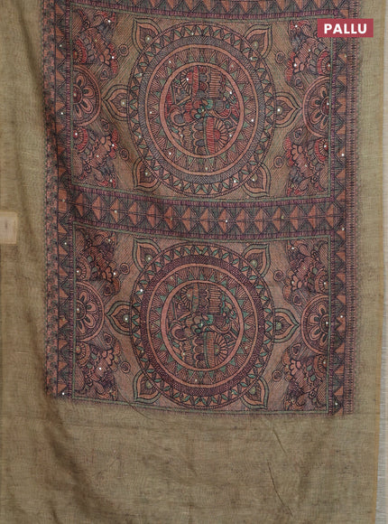 Semi linen saree green shade with allover madhubani prints & mirror work