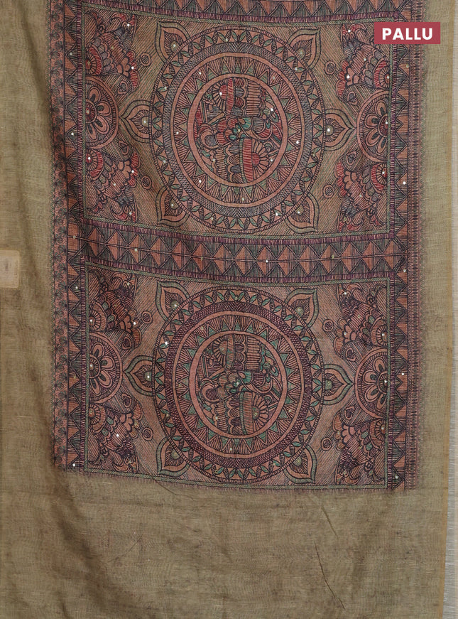 Semi linen saree green shade with allover madhubani prints & mirror work